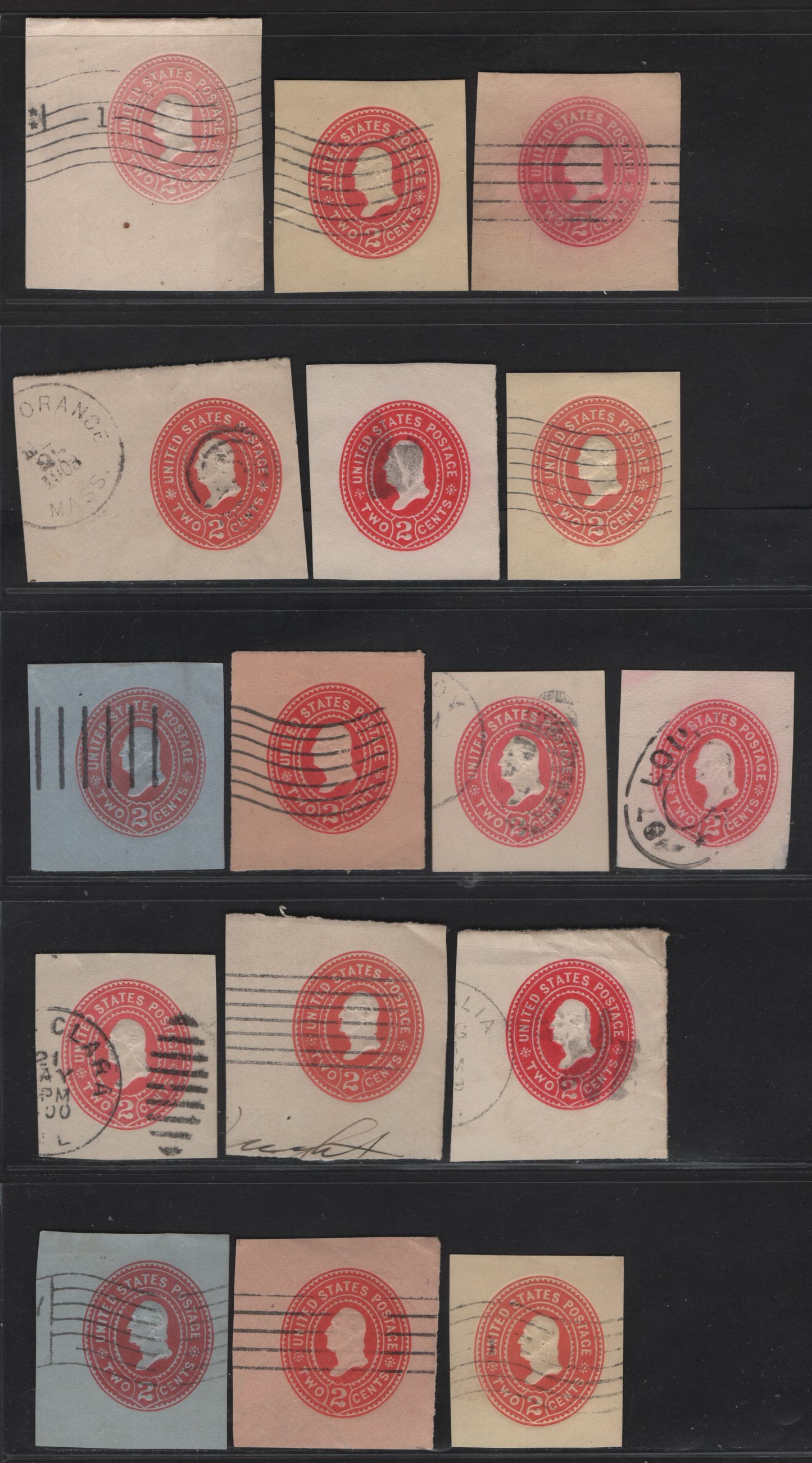 Lot 66 United States SC#U358, U362-U363, W366, U364-U365, U367-U370 2c Carmine & Rose Washington, 1899 Heads Issue, 16 Fine/Very Fine Used Singles, Dies 1-3, White, Manilla, Amber, White, Oriental Buff & Blue