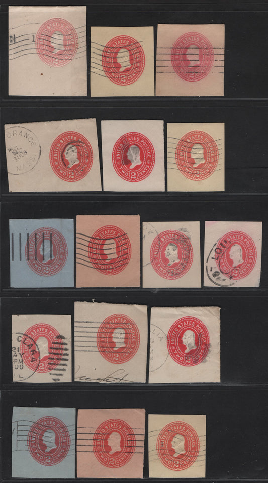 Lot 66 United States SC#U358, U362-U363, W366, U364-U365, U367-U370 2c Carmine & Rose Washington, 1899 Heads Issue, 16 Fine/Very Fine Used Singles, Dies 1-3, White, Manilla, Amber, White, Oriental Buff & Blue