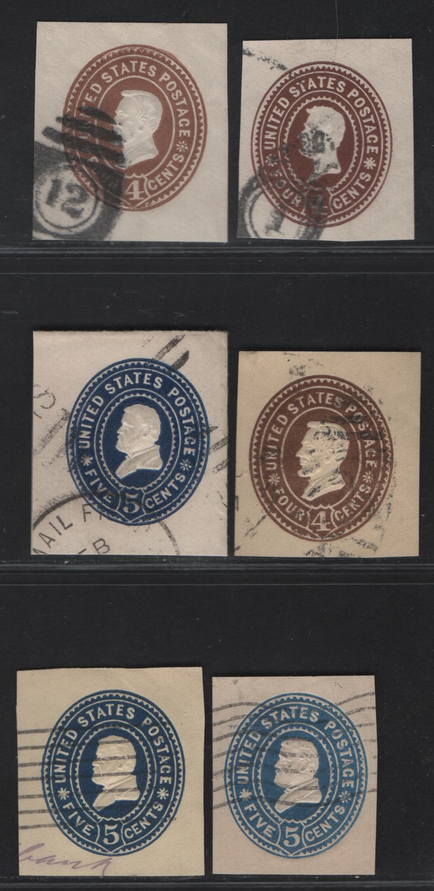 Lot 68 United States SC#U371, U374, U377-U378 4c - 5c Brown, Gray Brown, Dark Blue & Blue Lincoln - Grant, 1899 Heads Issue, 6 Fine/Very Fine Used Singles, Dies 1 &3, White & Amber