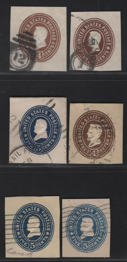 Lot 68 United States SC#U371, U374, U377-U378 4c - 5c Brown, Gray Brown, Dark Blue & Blue Lincoln - Grant, 1899 Heads Issue, 6 Fine/Very Fine Used Singles, Dies 1 &3, White & Amber