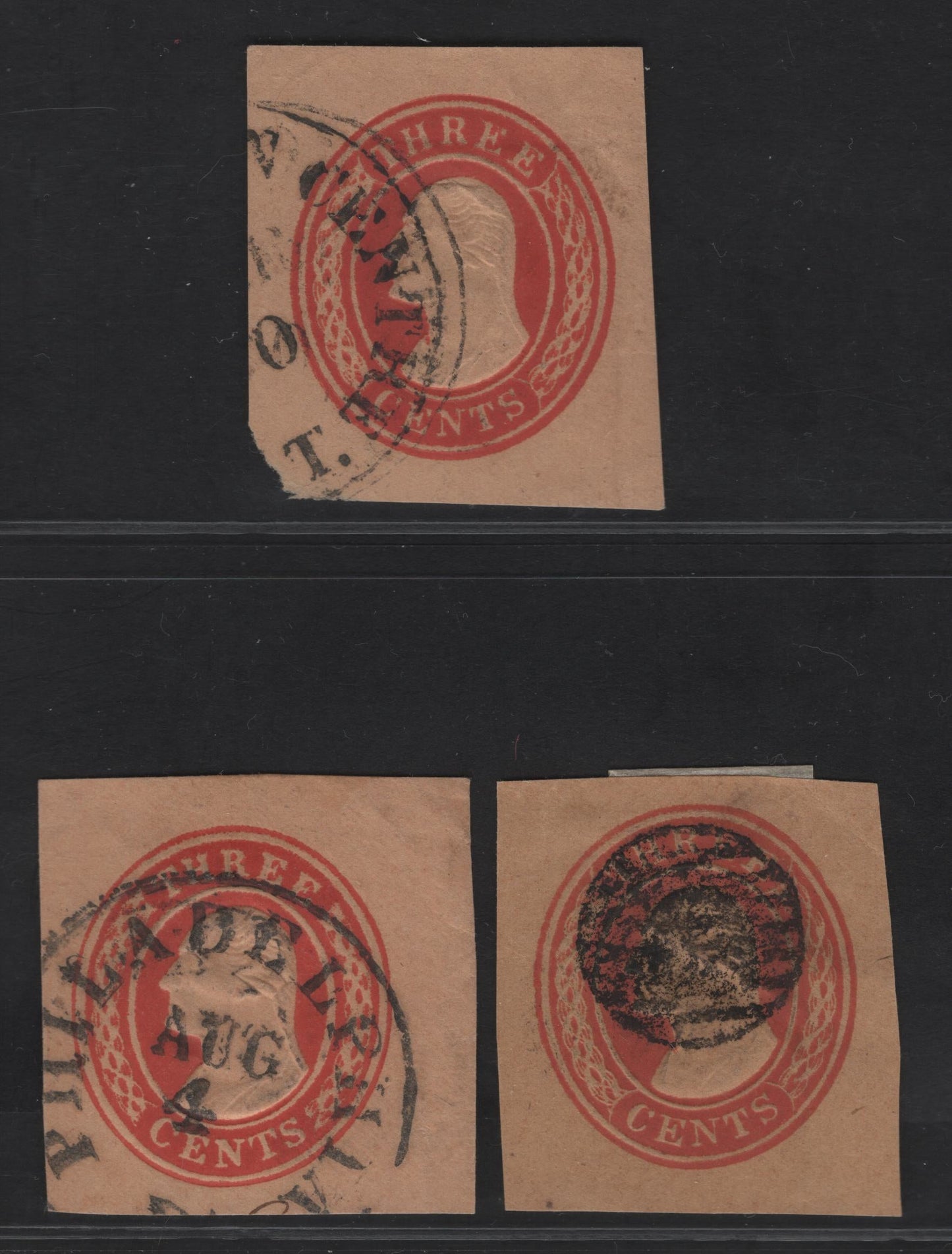 Lot 7 United States SC#U10 3c Red Washington, 1853-1855 Nesbitt Issue, 2 Very Fine Used Singles, Buff & Grayish Buff Papers, 14.5mm Label With Curved Lines At Ends, Buff With Curved Lines Omitted