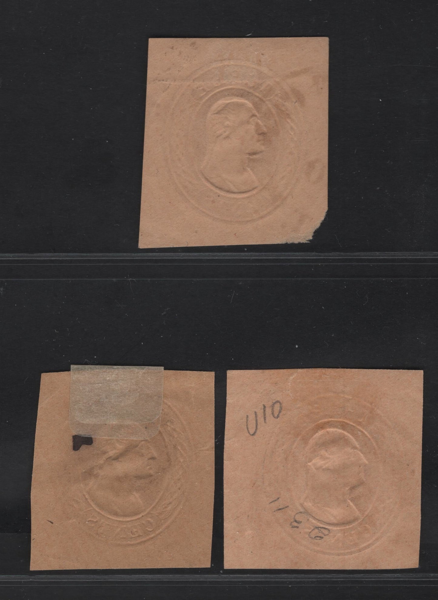 United States SC#U10 3c Red Washington, 1853-1855 Nesbitt Issue, 2 Very Fine Used Singles, Buff & Grayish Buff Papers, 14.5mm Label With Curved Lines At Ends, Buff With Curved Lines Omitted