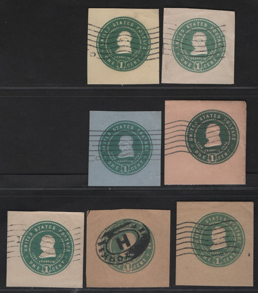 United States SC#U379-U383, W384 1c Green, Amber, Oriental Buff, Blue & Manilla Franklin, 1903 Heads Issue, 7 Very Fine Used Singles, White, Amber, Oriental Buff, Blue & Manilla, Extra Shade Of Green on White & Wrapper on Manilla