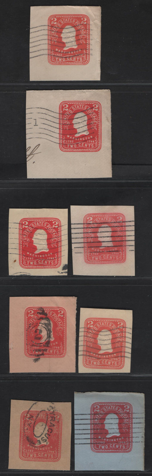 Lot 72 United States SC#U385-b, U386,b, U387-W389 2c Carmine - Pink Washington, 1903 Heads Issue, 8 Fine/Very Fine Used Singles, White, Amber, Oriental Buff, Blue & Manilla Papers, All Die 1