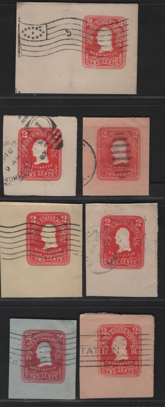 Lot 74 United States SC#U387a, U395-a, U396-U398 2c Pink - Carmine Washington - Lincoln, 1903-1904 Heads Issues, 7 Very Fine Used Singles, Oriental Buff, White & Blue, All Except Pink on Oriental Buff are Recut Die