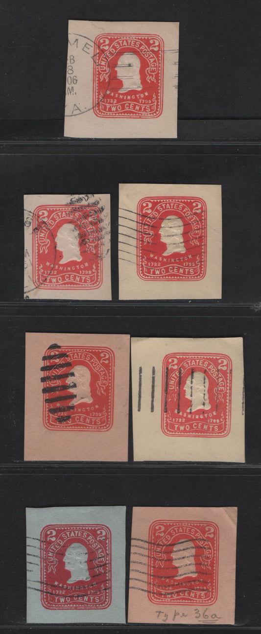 Lot 75 United States SC#U395-a, U396-a, U397-a, U398 2c Carmine - Pink Franklin, 1904 Heads Issue, 7 Fine/Very Fine Used Singles, White, Amber, Oriental Buff & Blue, Recut Die