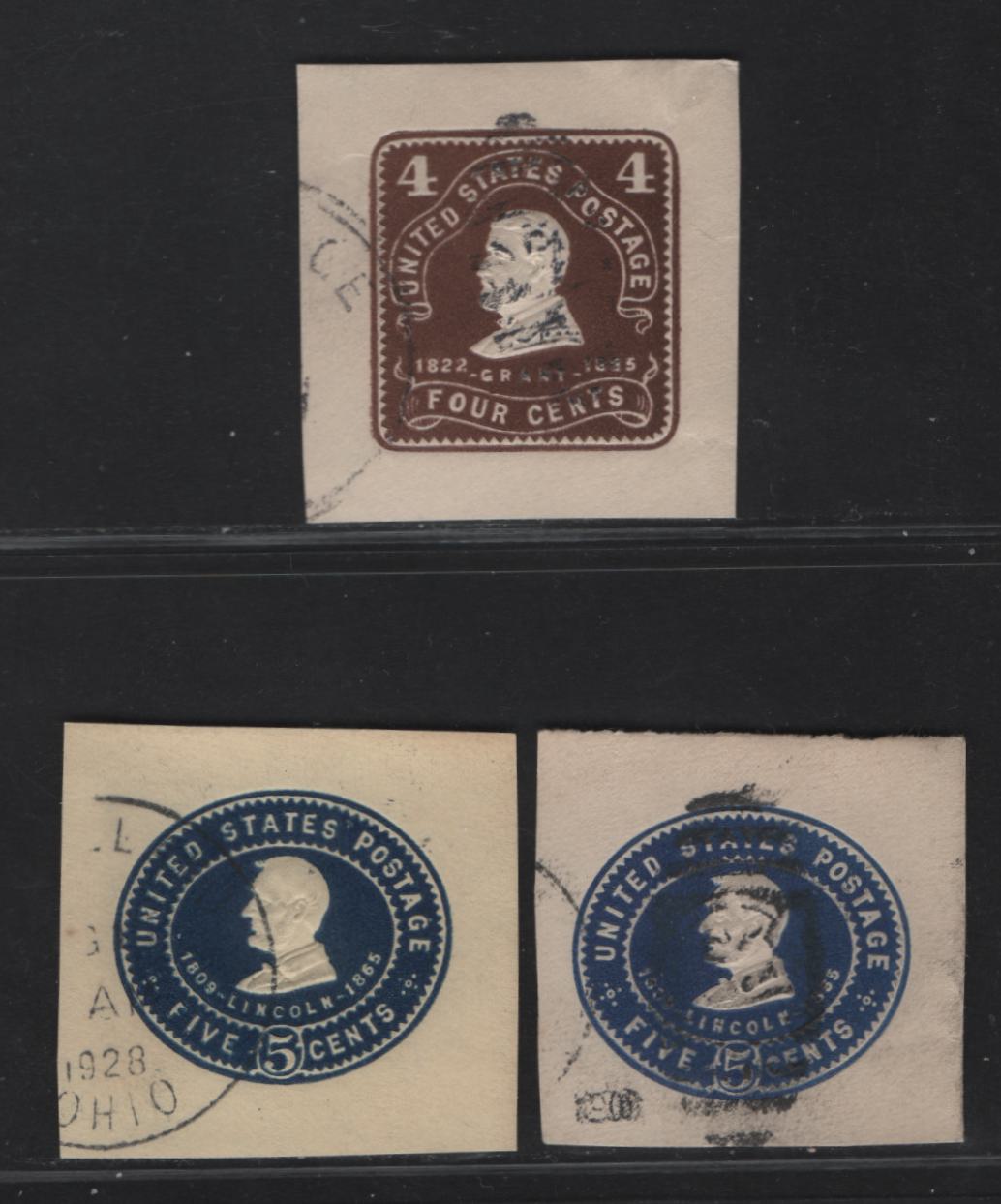 Lot 76 United States SC#U390, U393-U394 4c - 5c Chocolate - Dark Blue Grant - Lincoln, 1903 Heads Issue, 3 Very Fine Used Singles, White & Amber