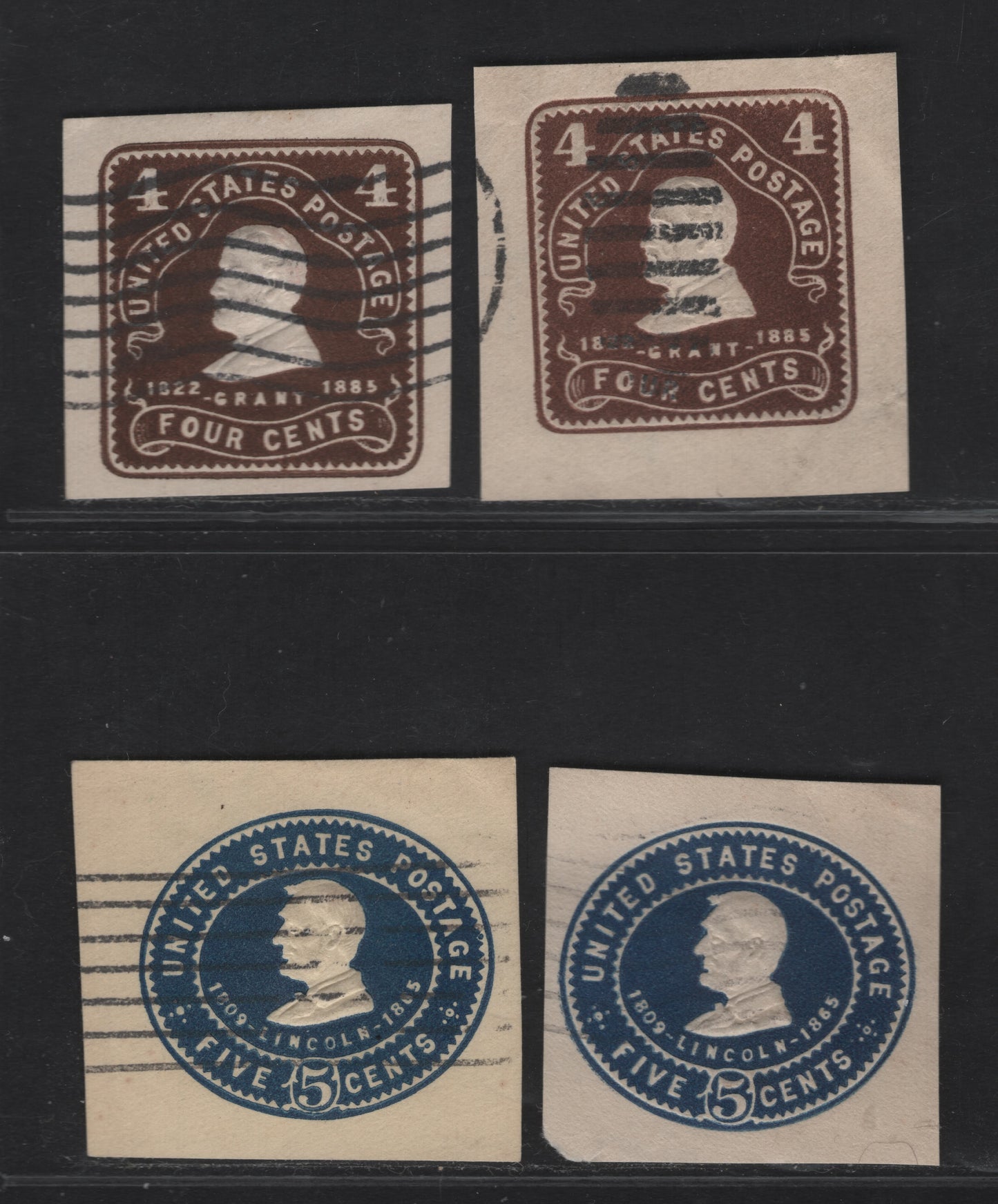 Lot 77 United States SC#U390, U393-U394 4c - 5c Chocolate, Dark Brown & Dark Blue Grant - Lincoln, 1903 Heads Issue, 4 Fine/Very Fine Used Singles, White & Amber