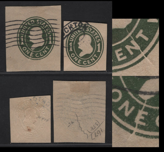 Lot 78 United States SC#U400avar 1c Green Franklin, 1904 Heads Issue, 2 Fine Used Single Laid Paper, Die 2,, Crack Through E of One & N of Cent