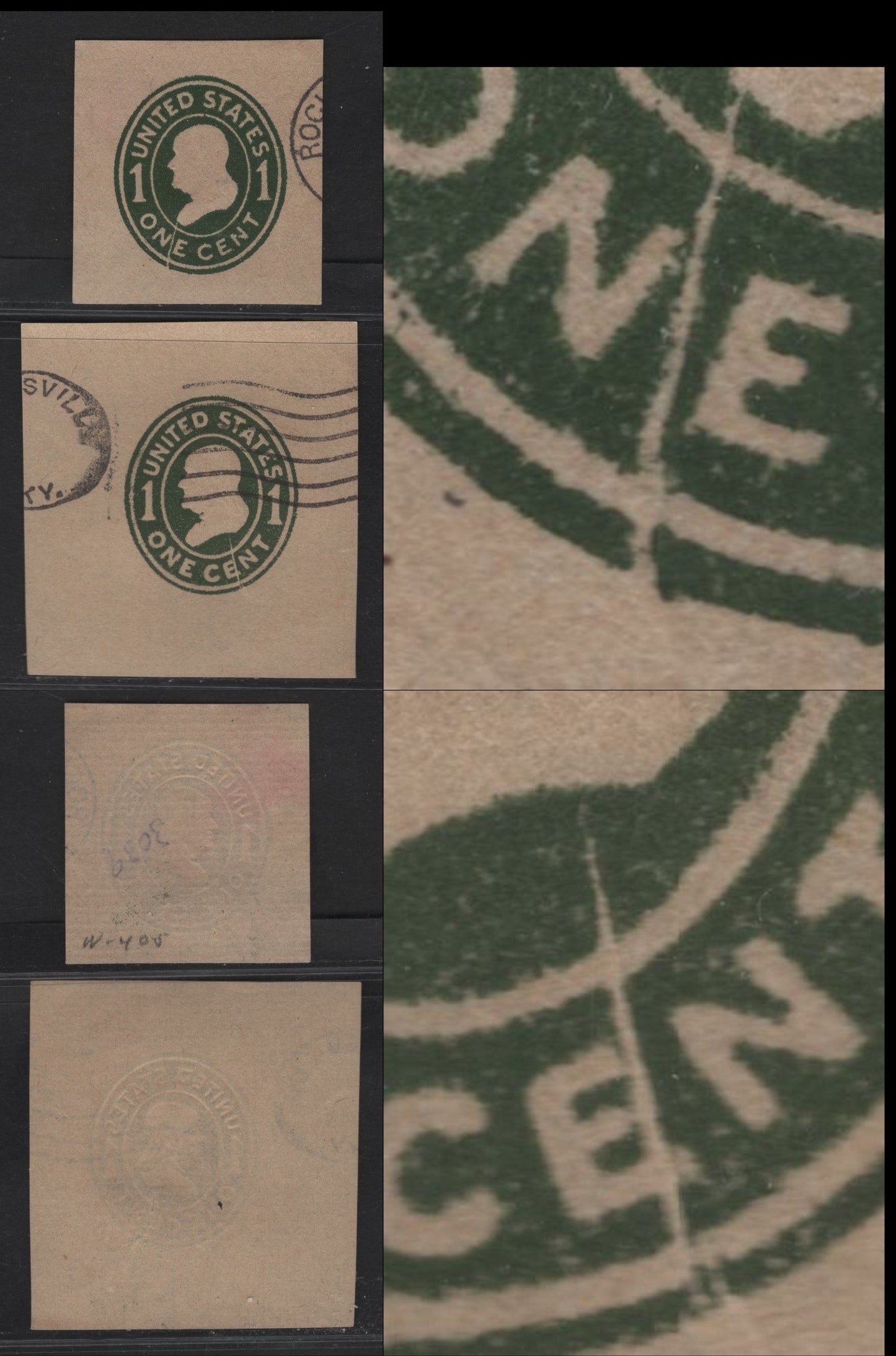 Lot 80 United States SC#W405var 1c Green Franklin, 1907-1916 Heads Issue, 2 Very Fine Used Singles, Manilla Laid, Die 1 With Crack Through E of Cent & O of One