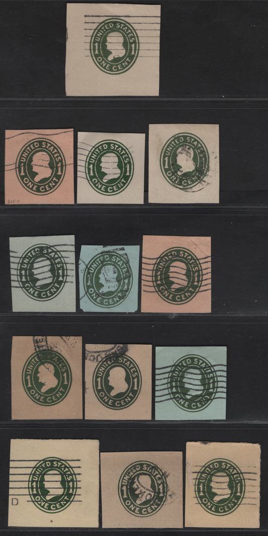 Lot 81 United States SC#U400,c, U402c, U403,c, U404, W405, W405b, U401a,c 1c Green Franklin, 1907-1916 Heads Issue, 13 Fine/Very Fine Used Singles, Various Papers & Dies