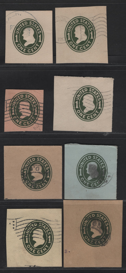 Lot 82 United States SC#U400,b, U402c, U403, U404, W405, U401 1c Green Franklin, 1907-1916 Heads Issue, 8 Very Fine Used Singles, Various Papers & Dies
