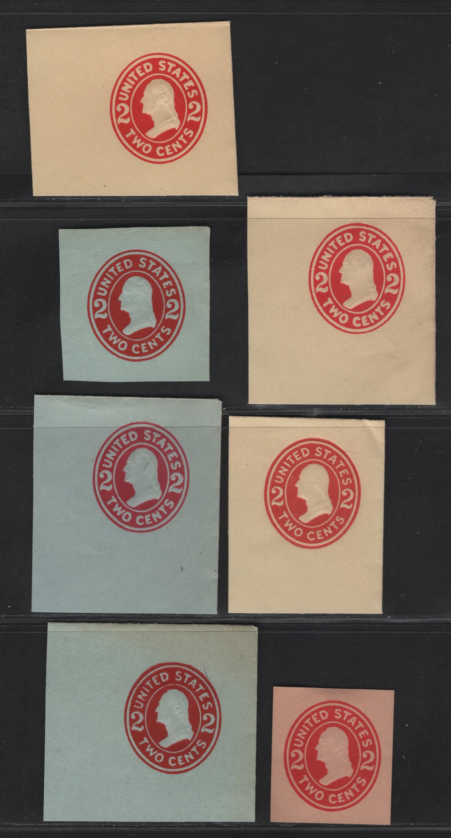 Lot 83 United States SC#U412,b,c, U414,d,e, U413d 2c Carmine Franklin, 1907-1916 Heads Issue, 7 Very Fine Unused Singles, Amber Laid, Amber Wove, Blue Laid & Oriental Buff, Dies 1, 3, 4, 5 & 6