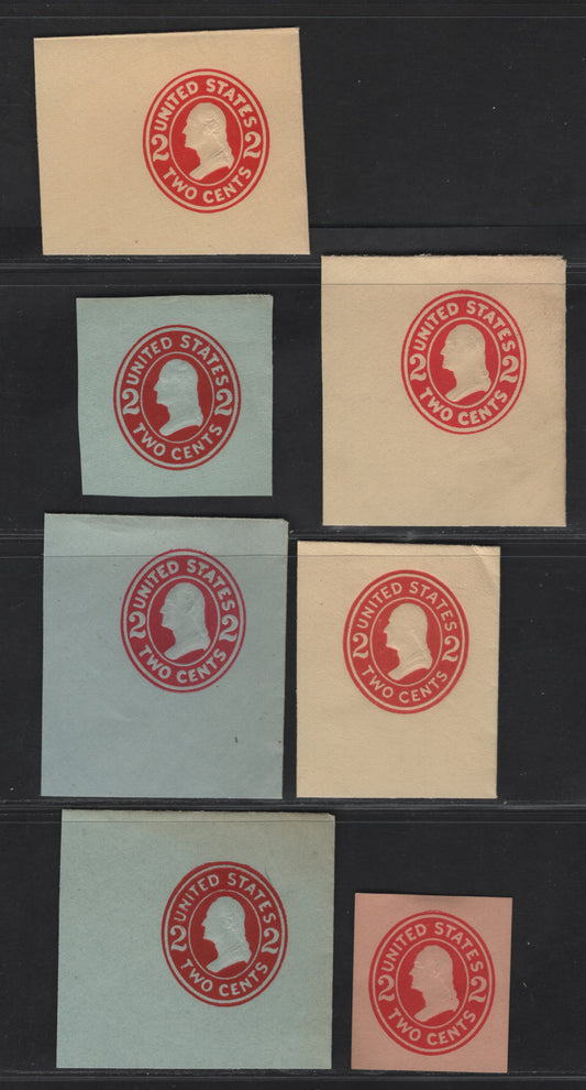 Lot 83 United States SC#U412,b,c, U414,d,e, U413d 2c Carmine Franklin, 1907-1916 Heads Issue, 7 Very Fine Unused Singles, Amber Laid, Amber Wove, Blue Laid & Oriental Buff, Dies 1, 3, 4, 5 & 6