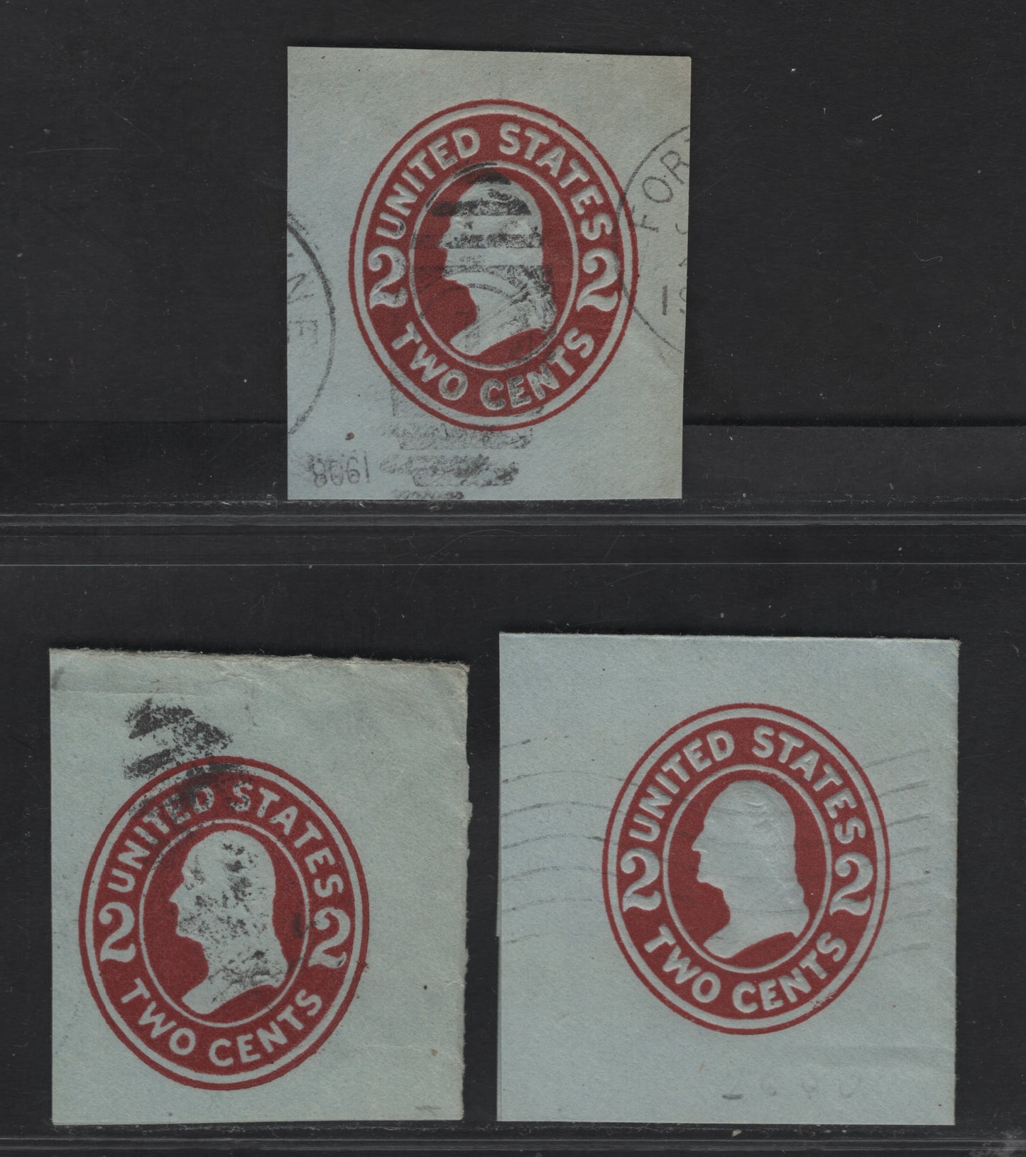 Lot 89 United States SC#U409-b 2c Brown Red Franklin, 1907-1916 Heads Issue, 3 Very Fine Used Singles, Blue Paper, Dies 1, 2 & 3