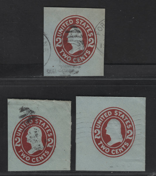Lot 89 United States SC#U409-b 2c Brown Red Franklin, 1907-1916 Heads Issue, 3 Very Fine Used Singles, Blue Paper, Dies 1, 2 & 3