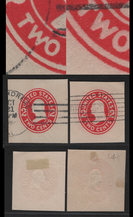 United States SC#U411avar 2c Carmine Franklin, 1907-1916 Heads Issue, 2 Very Fine Used Singles White laid Paper, WO of TWO Joined, Normal for Comparison