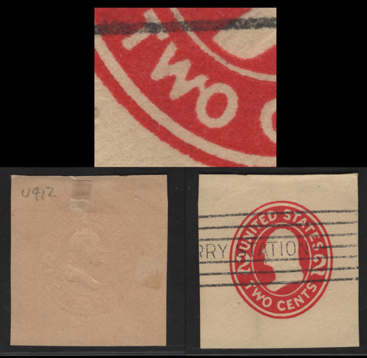 United States SC#U412var 2c Carmine Franklin, 1907-1916 Heads Issue, A Very Fine Used Single Amber Laid, Die 1, WO of TWO Joined, Unlisted, Normal for Comparison