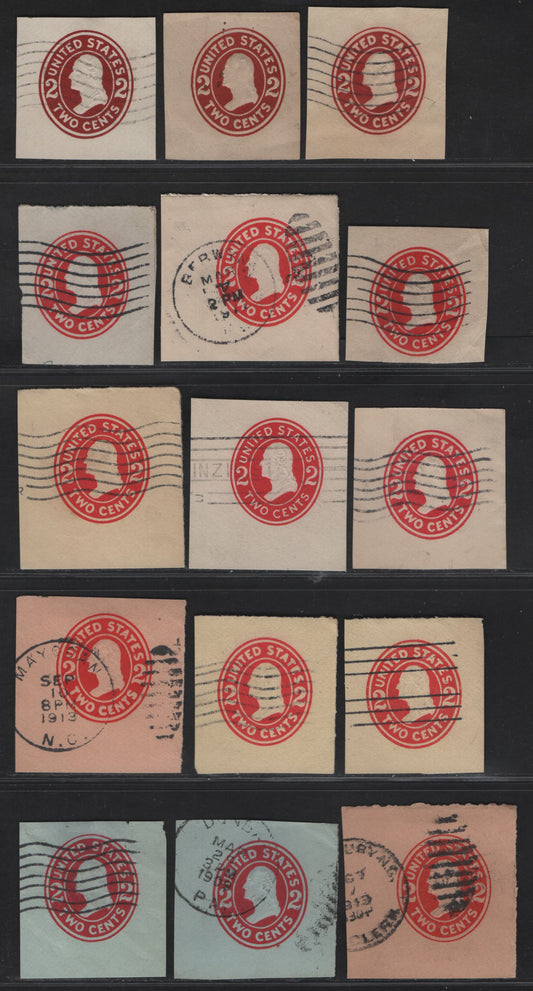 United States SC#U406-b, U411e, U411b,d, U412, U411c, U412a,d, U413-a, U414-a 2c Brown Red - Carmine Franklin, 1907-1916 Heads Issue, 15 Very Fine Used Singles, Various Papers & Dies