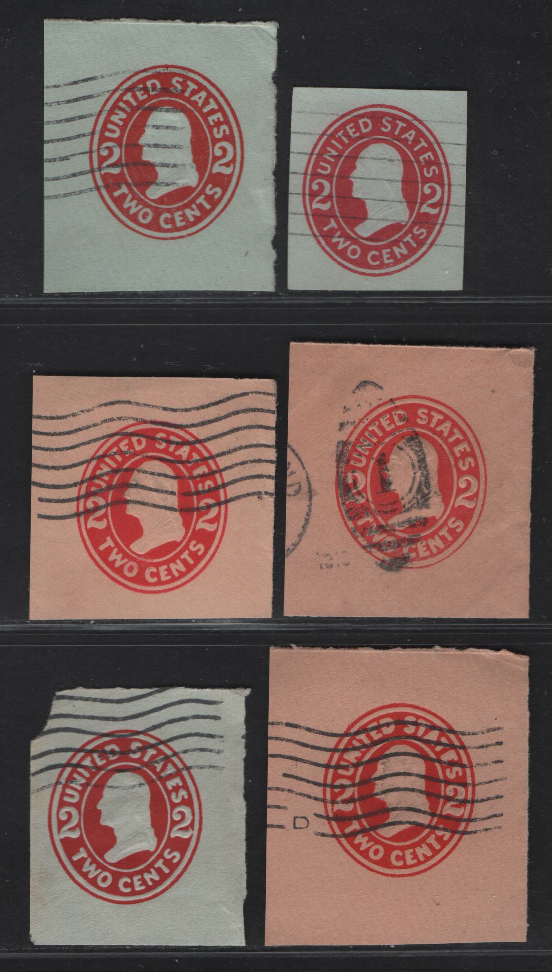 Lot 95 United States SC#U413,b,d, U414c,e 2c Carmine Franklin, 1907-1916 Heads Issue, 6 Fine/Very Fine Used Singles, Various Papers & Dies