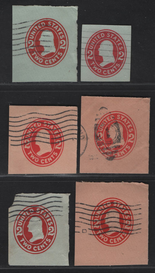 Lot 95 United States SC#U413,b,d, U414c,e 2c Carmine Franklin, 1907-1916 Heads Issue, 6 Fine/Very Fine Used Singles, Various Papers & Dies