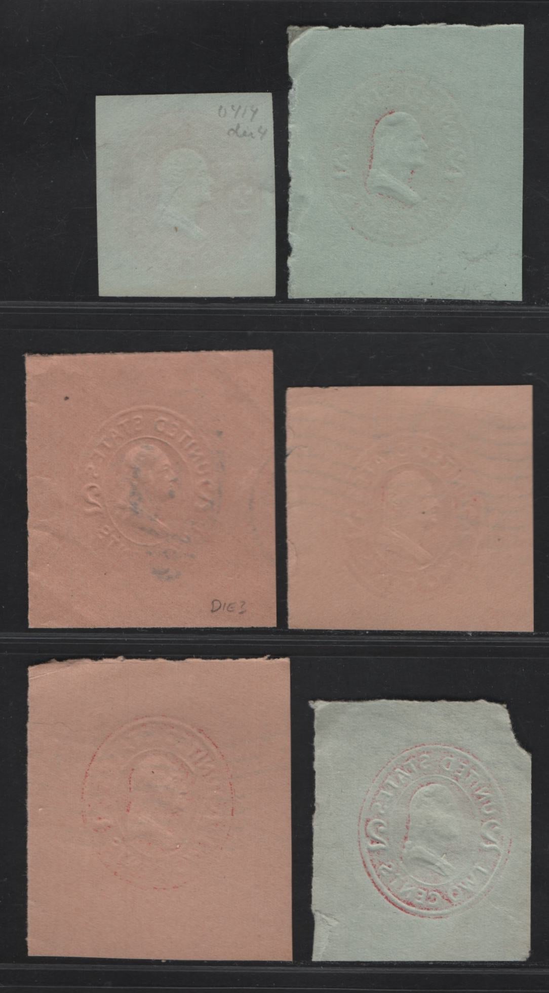 Lot 95 United States SC#U413,b,d, U414c,e 2c Carmine Franklin, 1907-1916 Heads Issue, 6 Fine/Very Fine Used Singles, Various Papers & Dies