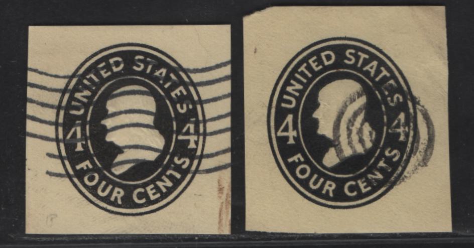 Lot 96 United States SC#U417, Y417var 4c Black Franklin, 1907-1916 Heads Issue, 2 Fine/Very Fine Used Singles, Amber Laid Paper, Die 2, Printed On oth Sides, With Normal
