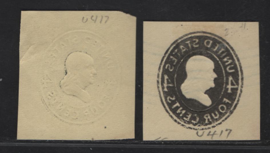 Lot 96 United States SC#U417, Y417var 4c Black Franklin, 1907-1916 Heads Issue, 2 Fine/Very Fine Used Singles, Amber Laid Paper, Die 2, Printed On oth Sides, With Normal