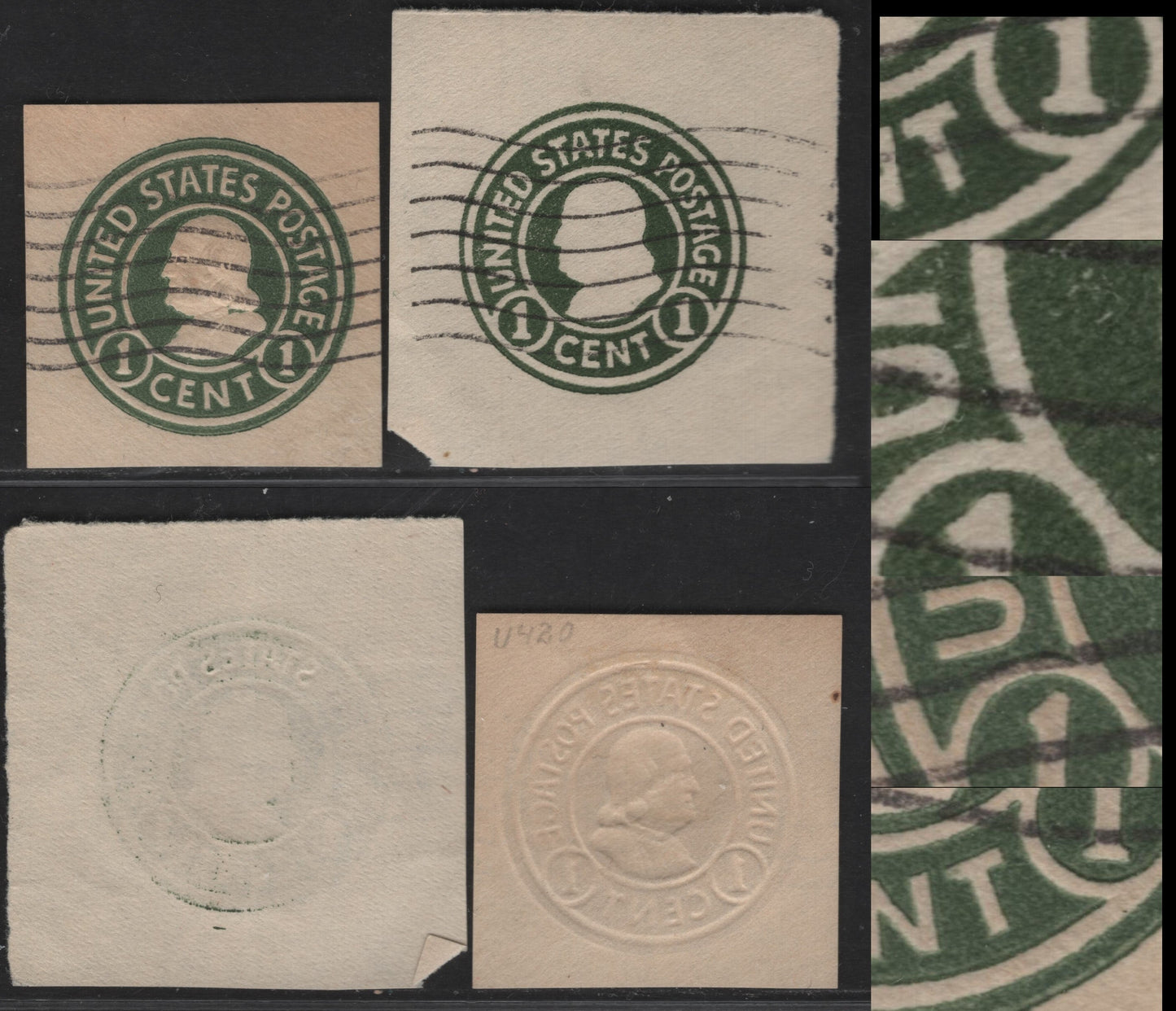 Lot 99 United States SC#U420a & U420 1c Green Franklin, 1915-1932 Heads Issue,  Fine/Very Fine Used Singles, Dies 1&2, White Paper