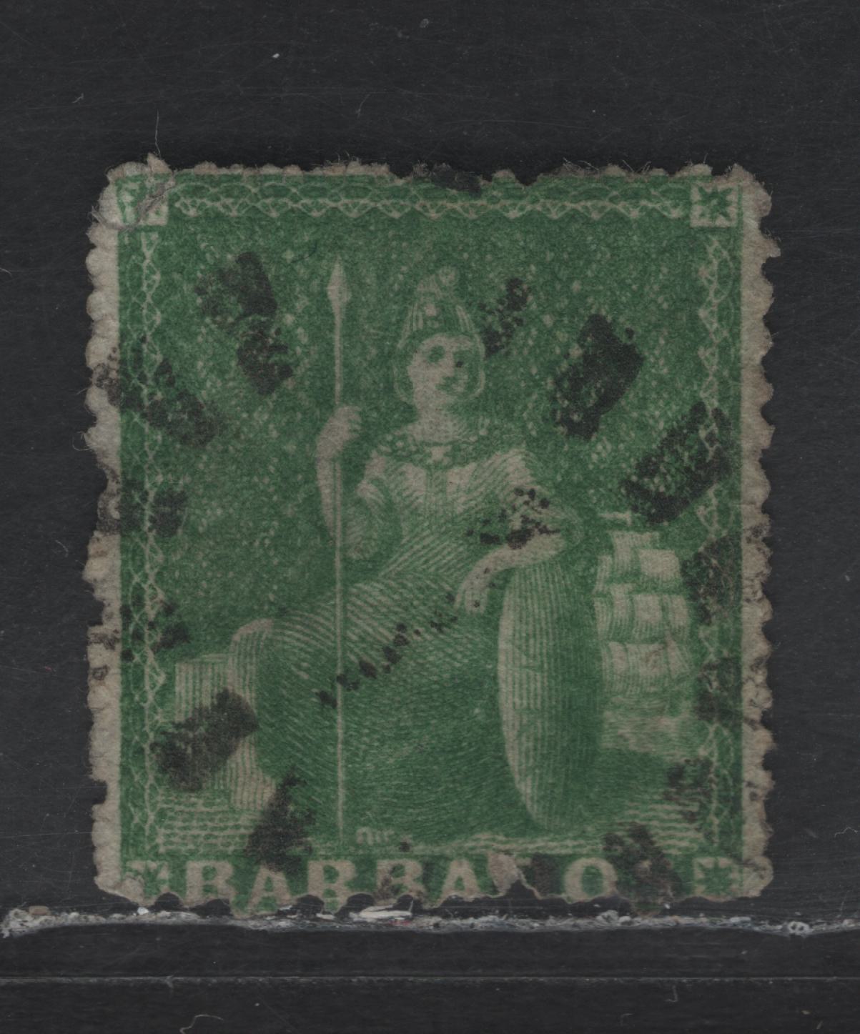 Lot 10 Barbados SG#43b 1/2d Yellow Green Britannia, 1870-1871 Chalon Heads Issue, A Fine Used Single, Rough Perf 14-16, Unwatermarked, This Is Fine Centering For This Issue