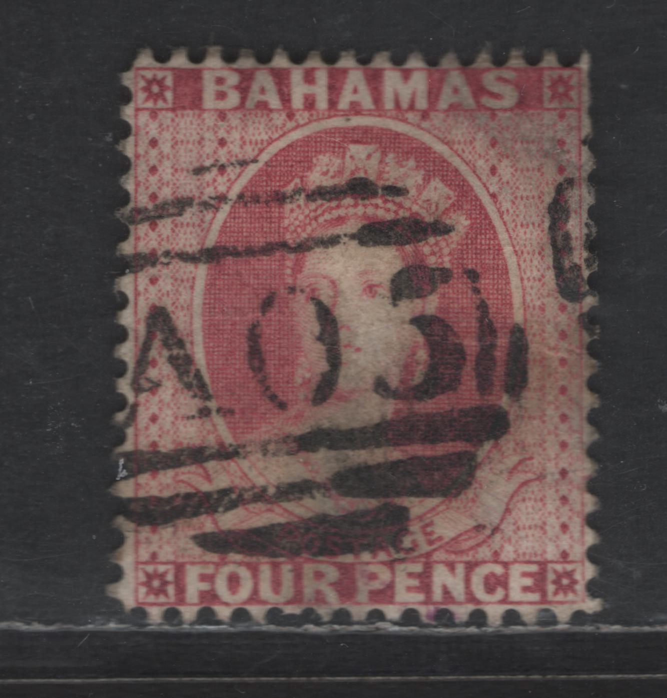 Lot 1 Bahamas SG#35 4d Bright Rose Queen Victoria, 1863-1877 Queen Victoria Chelon Heads Issue, A Fine Used Single, Crown CC Wmk, Perf 14