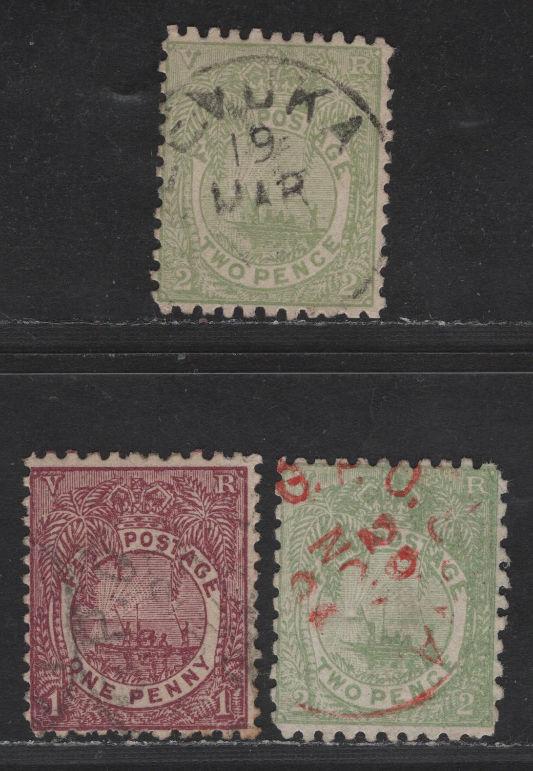 Lot 104 (C) Fiji SG#83, 89, 101 1d - 2d Rosy Mauve - Green Canoe, 1891-1898 Nature Canoe Scenic Issue, 3 Fine Used Singles, Perfs 11x11.75, 11x10 & 11