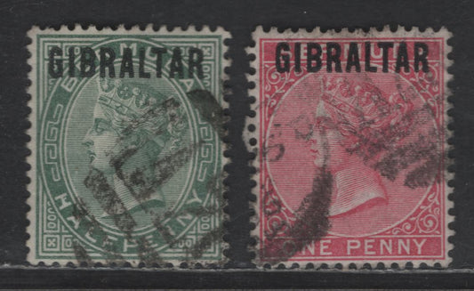 Lot 105 (C) Gibraltar SG#1-2 1/2d - 1d Dull Green - Rose Red , 1886 Queen Victoria Issue, 2 Very Fine Used Singles, Overprints on Bermuda Keyplates, Crown CA Wmk