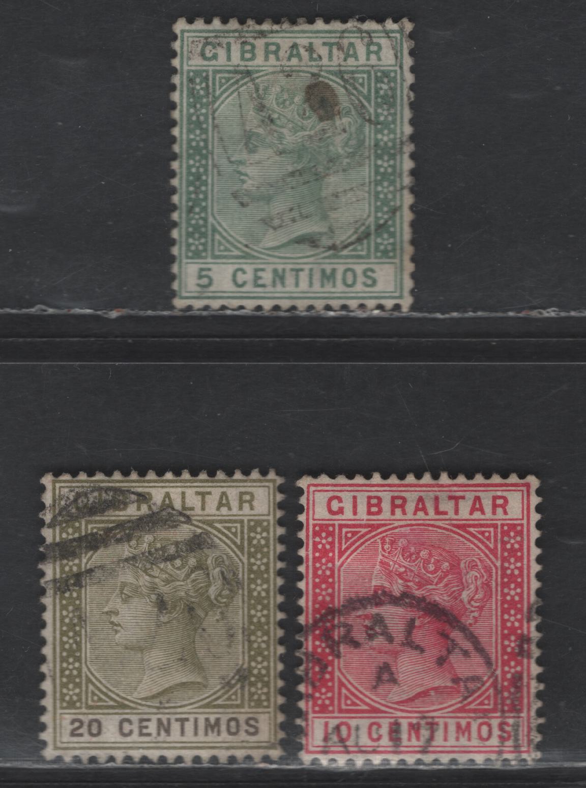 Lot 110 (C) Gibraltar SG#22-24 5c - 20c Green - Olive Green & Brown Queen Victoria, 1889-1896 Spanish Currency Issue, 3 Fine/Very Fine Used Singles