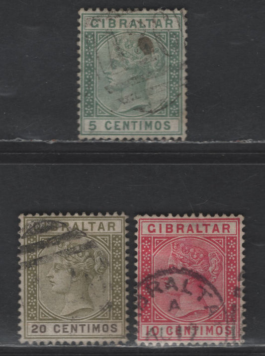 Lot 110 (C) Gibraltar SG#22-24 5c - 20c Green - Olive Green & Brown Queen Victoria, 1889-1896 Spanish Currency Issue, 3 Fine/Very Fine Used Singles