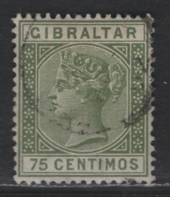 Lot 112 (C) Gibraltar SG#29 75c Olive Green Queen Victoria, 1889-1896 Spanish Currency Issue, A Very Fine Used Single