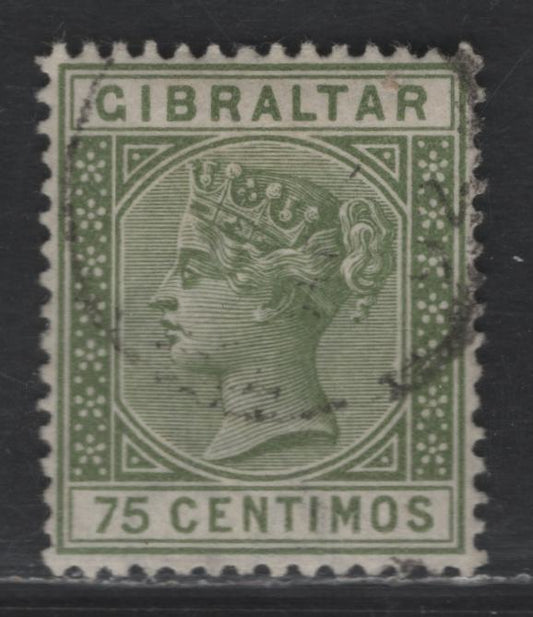 Lot 112 (C) Gibraltar SG#29 75c Olive Green Queen Victoria, 1889-1896 Spanish Currency Issue, A Very Fine Used Single