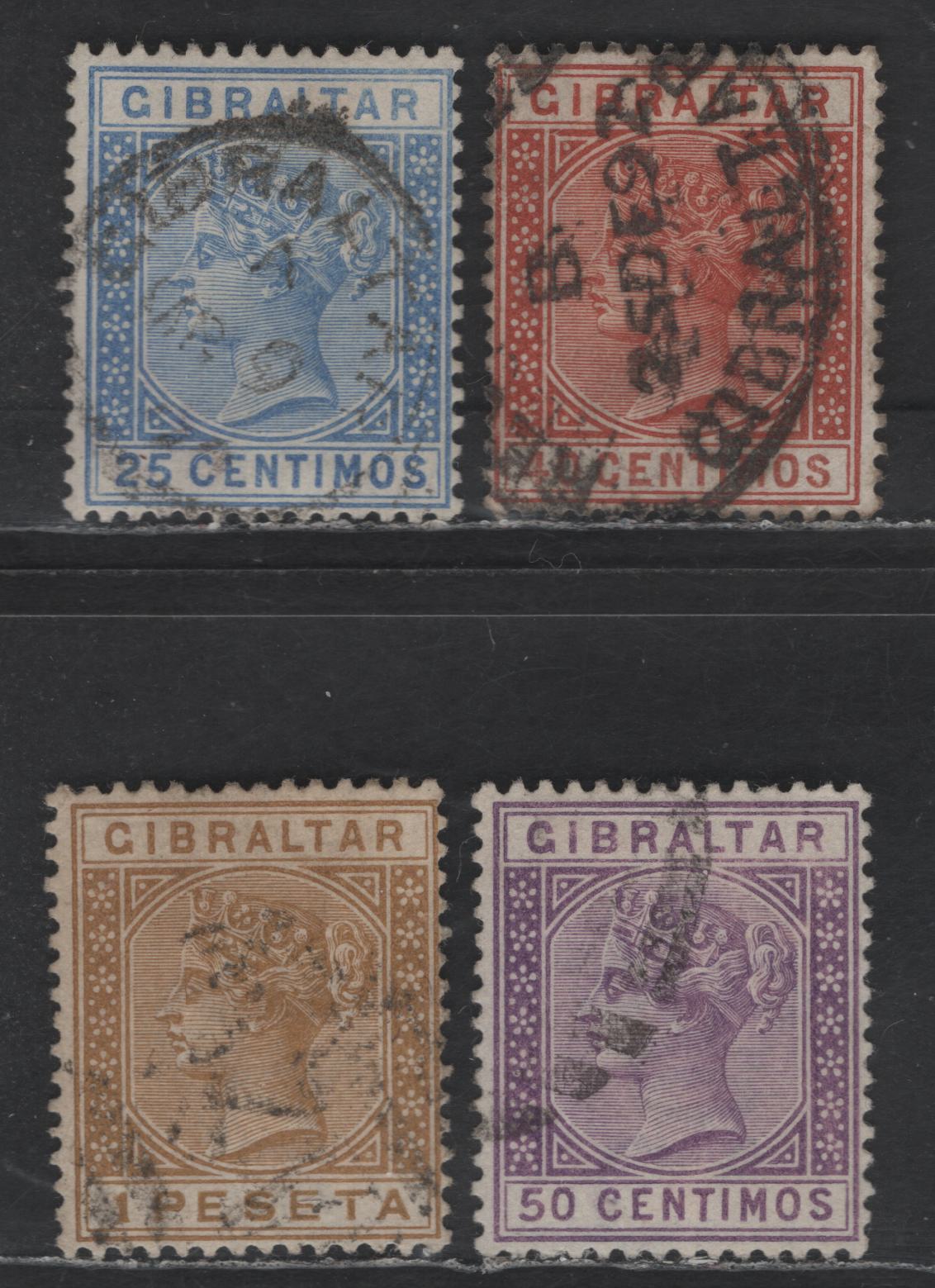 Lot 113 (C) Gibraltar SG#26-28, 30 25c - 1p Ultramarine - Bistre Queen Victoria, 1889-1896 Spanish Currency Issue, 4 Fine Used Singles