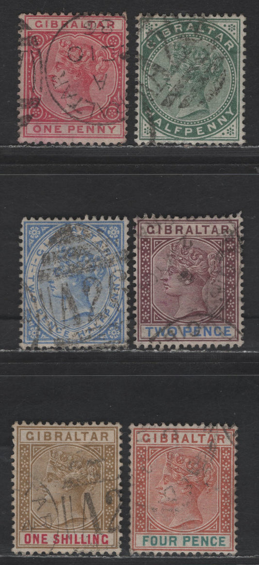 Lot 114 (C) Gibraltar SG#39-43, 45 1/2d - 1/- Grayish Green - Bistre & Carmine Queen Victoria, 1898 Sterling Currency Issue, 6 Very Fine Used Singles