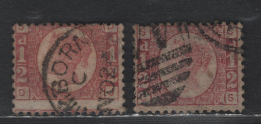 Lot 118 Great Britain SG#49 1/2d Rose Queen Victoria, 1870 Bantam Line Engraved Issue, 2 Very Good Used Singles, Plates 14 & 15