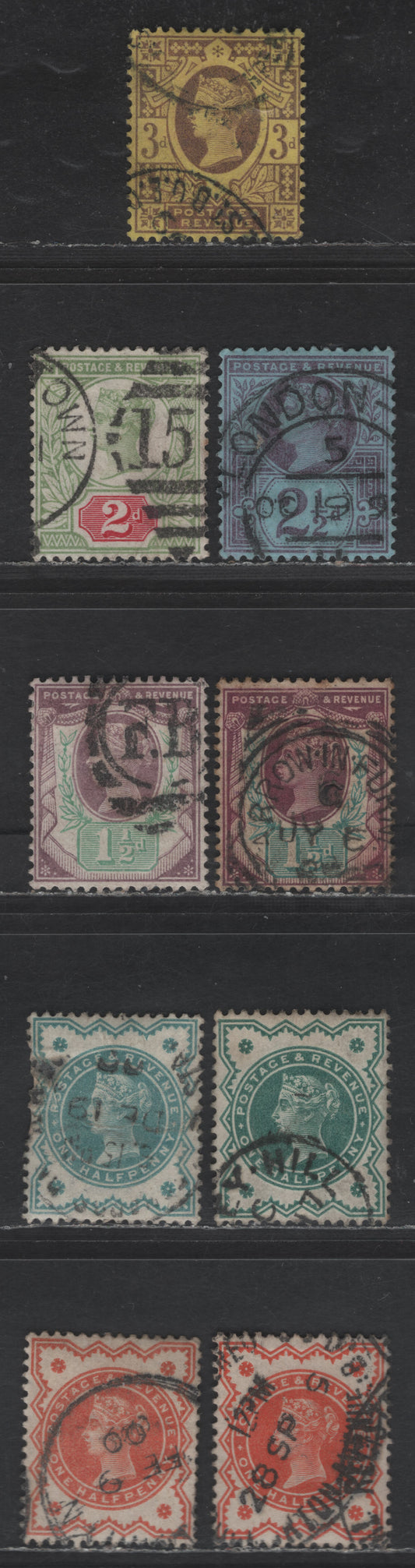 Lot 126 (C) Great Britain SG#197,e, 198, 200-202, 213 1/2d - 3d Vermillion - Purple on Yellow Queen Victoria, 1887-1892 Jubilee Issue, 9 Very Fine Used Singles, Includes Additional Shades