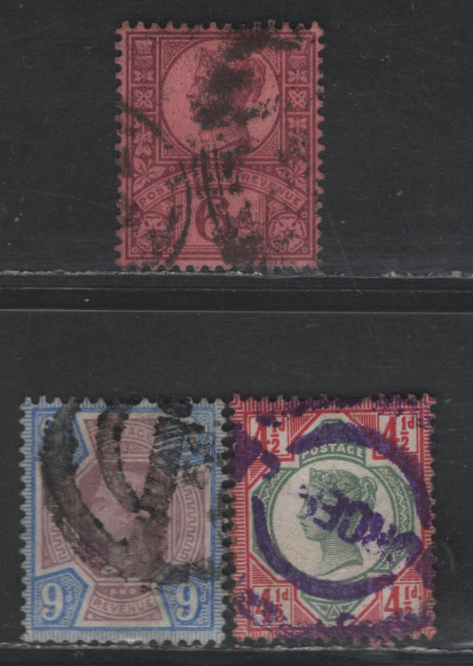 Lot 127 (C) Great Britain SG#206, 208-209 4.5d - 4d Dull Green & Carmine -Dull Purple & Blue Queen Victoria, 1887-1892 Jubilee Issue, 3 Very Good/Fine Used Singles, 4.5d Has A Small Corner Crease