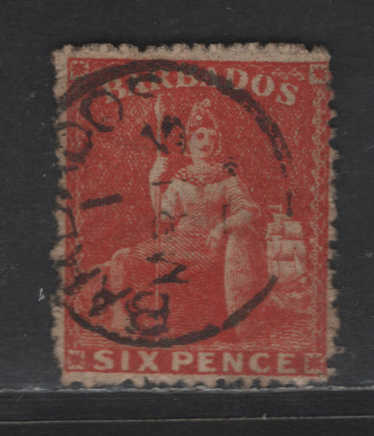 Lot 13 (C) Barbados SG#46 6d Orange Vermillion Britannia, 1870-1871 Chalon Heads Issue, A Very Fine Used Single, Rough Perf 14-16, Large Star Wmk
