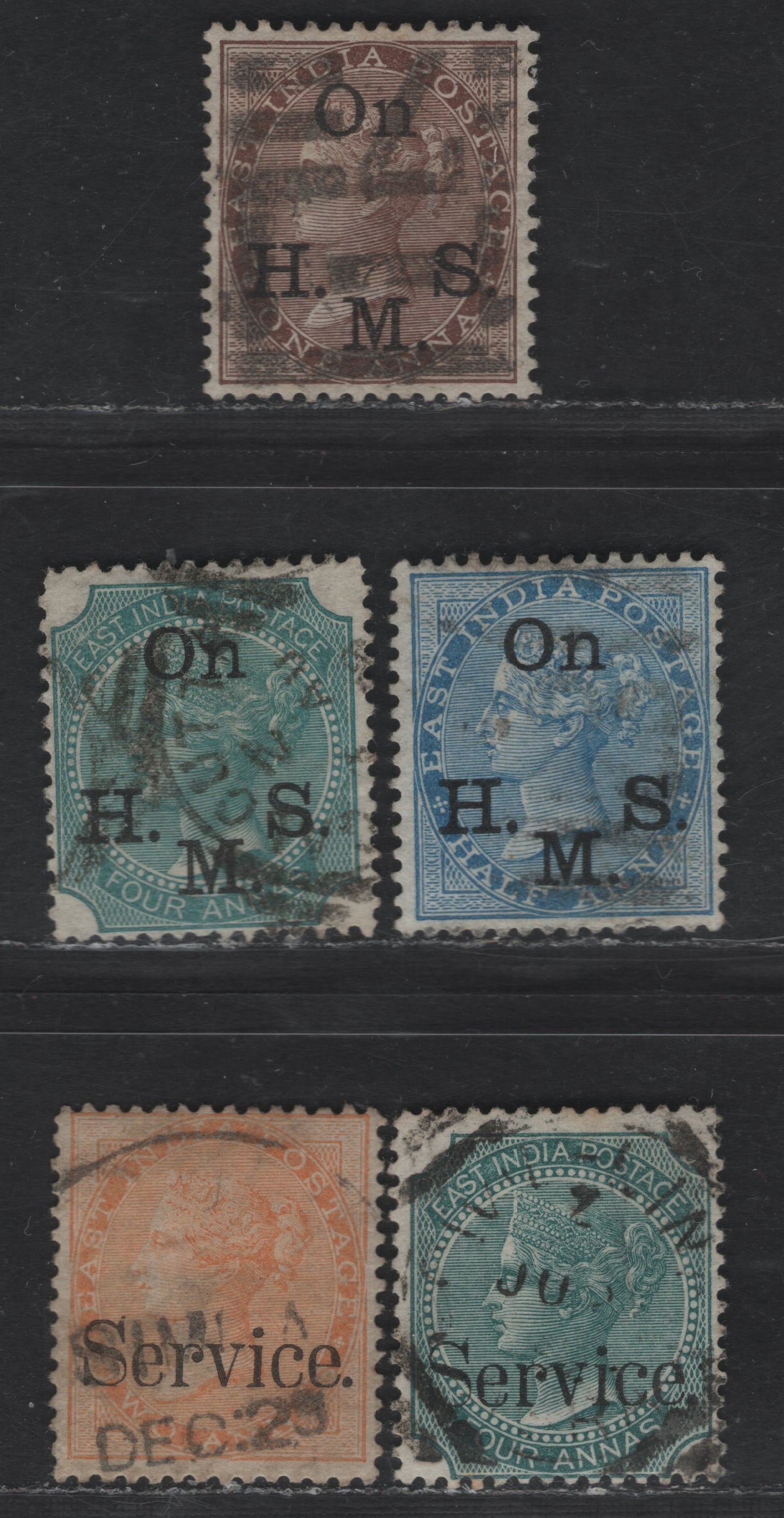 Lot 133 (C) India SG#O26, O29, O31-O32, O34 1/2a - 4a Blue - Blue Green Queen Victoria, 1867-1882 Service & HMS Overprinted Keyplate Issues, 5 Fine/Very Fine Used Singles