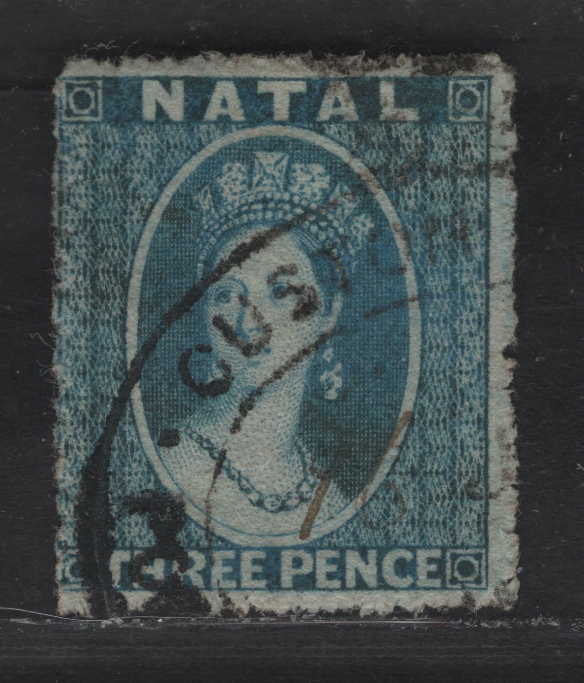 Lot 139 Natal SG#12 3d Blue Queen Victoria, 1861-1862 Chalon Heads Issue, A Fine Used Single, Unwatermarked, Rough Perf 14-16