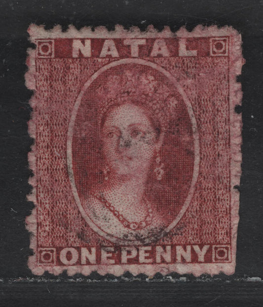 Lot 140 Natal SG#18 1d Lake Queen Victoria, 1863 Chalon Heads Issue, A Fine Used Single, Unwatermarked, Perf 13, Clipped Perfs At Lower Right