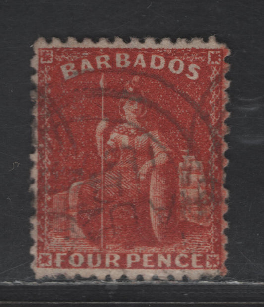 Lot 14 (C) Barbados SG#68x 4d Deep Red Britannia, 1875-1881 Britannia Issue, A Very Fine Used Single, Crown CC Reversed Wmk