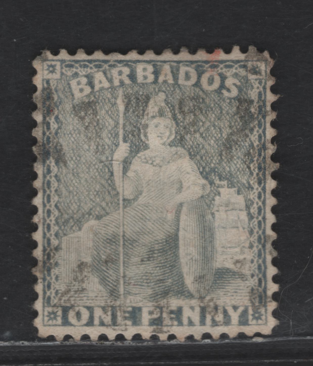 Lot 15 Barbados SG#74x 1d Gray Blue Britannia, 1875-1881 Britannia Issue, A Very Fine Used Single, Crown CC Reversed Wmk