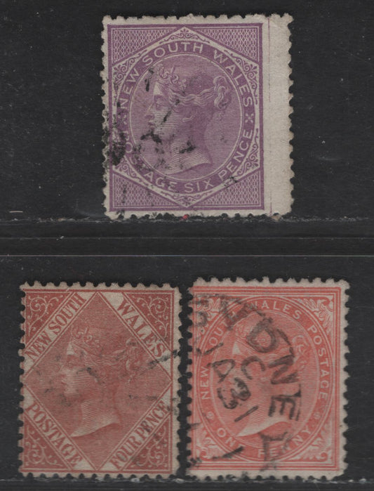 Lot 154 New South Wales SG#203, 207, 216 6d - 1d Bright Mauve - Dull Red Queen Victoria, 1867-1893 Queen Victoria Issue, 3 Fine Used Singles, Perf 13, Small Crown and NSW & Single Lined 4 Wmks