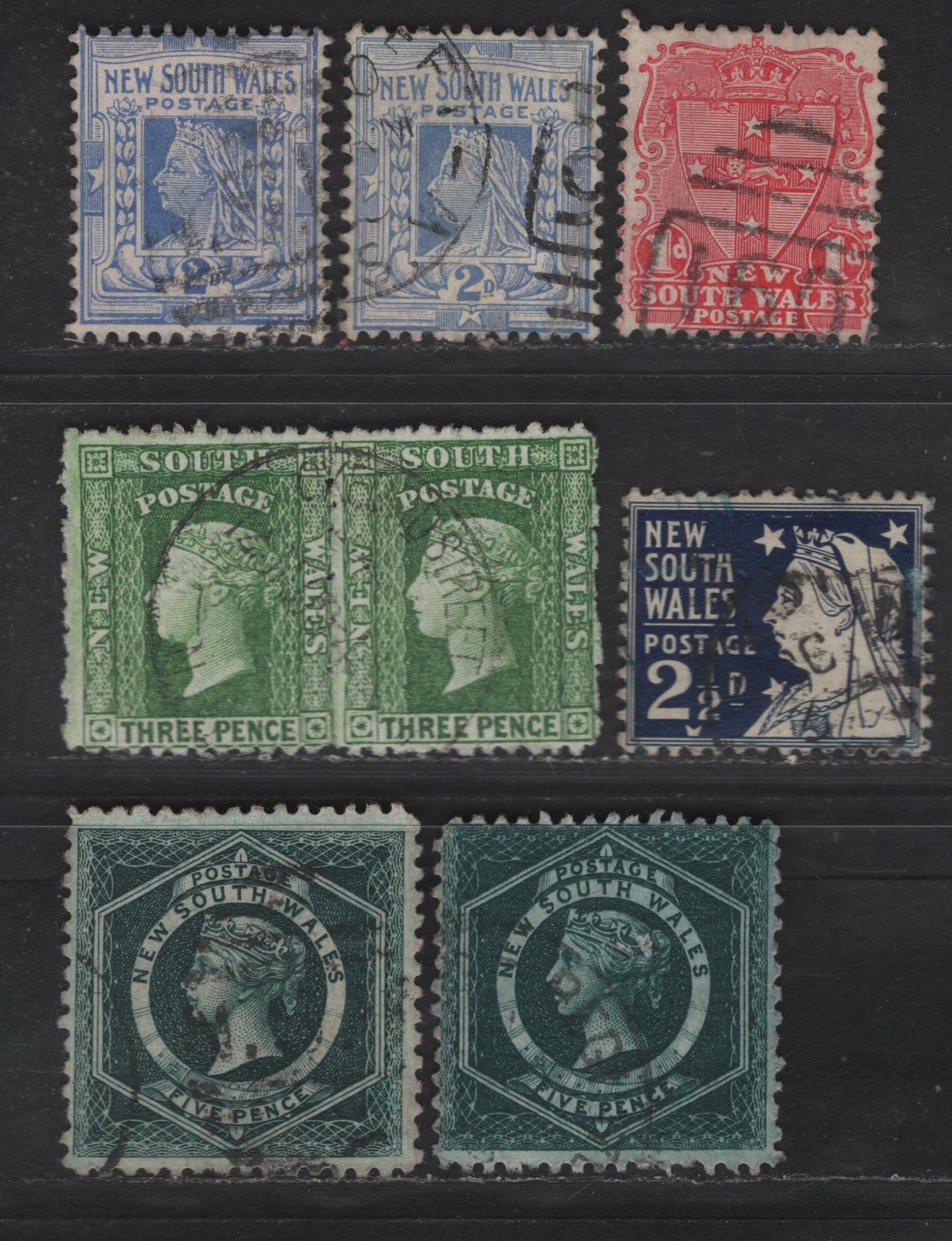 Lot 159 (C) New South Wales SG#314-316, 327c, 329,b 1d - 5d Carmine - Dark Blue Green Arms - Widows Weeds, 1902-1903 Diadem, Arms & Widow's Weeds Issues, 6 Fine/Very Fine Used Singles, Various Perfs, Crown Over NSW Wmk, 1mm Gap Between Crown & NSW